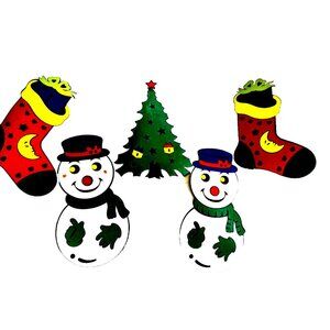 Christmas Holiday Plastic Rubber Home Wall Decor Snowman Stocking Tree  Lot of 5
